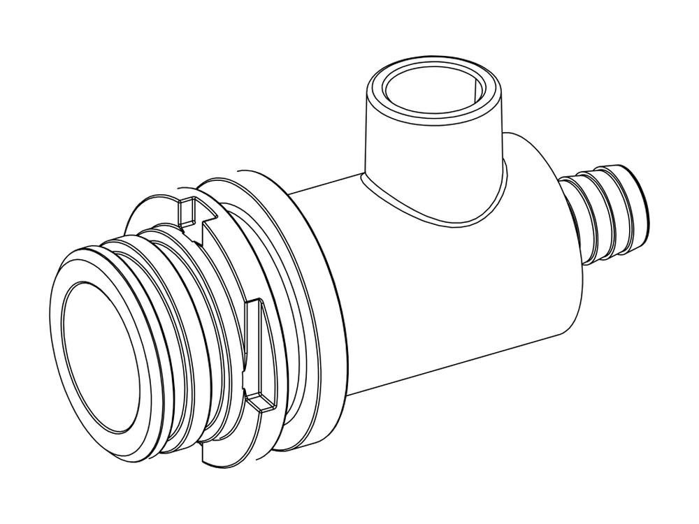 Line drawing of Aquamor fitting, filter head, 1/2 in barb, with pressure relief, part number 105469