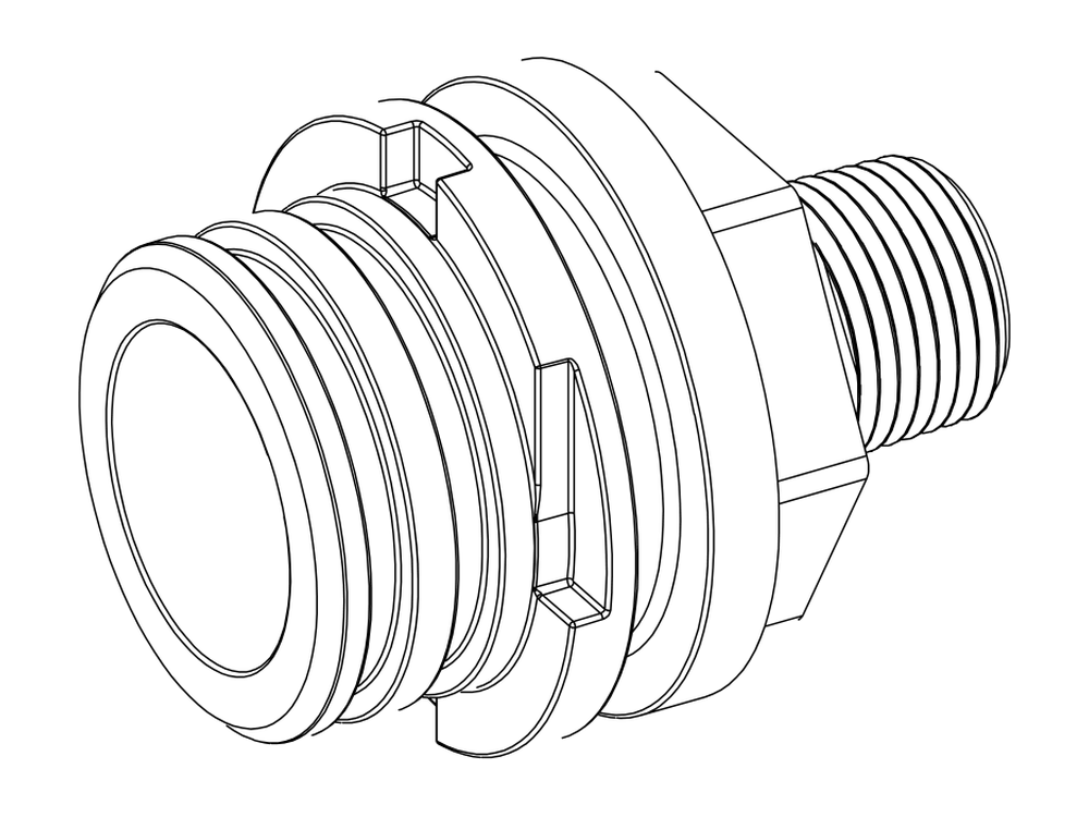 Line drawing of Aquamor fitting, filter head, 3/8 in mnpt, part number 105470