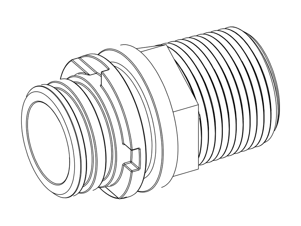 Line drawing of Aquamor fitting, filter head, 1 in mnpt, part number 105472