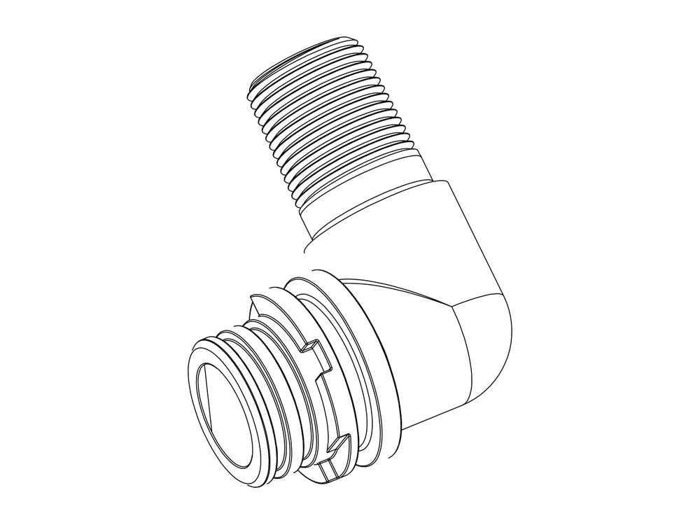 Line drawing of Aquamor fitting, filter head, 3/4 in mnpt elbow, part number 105475
