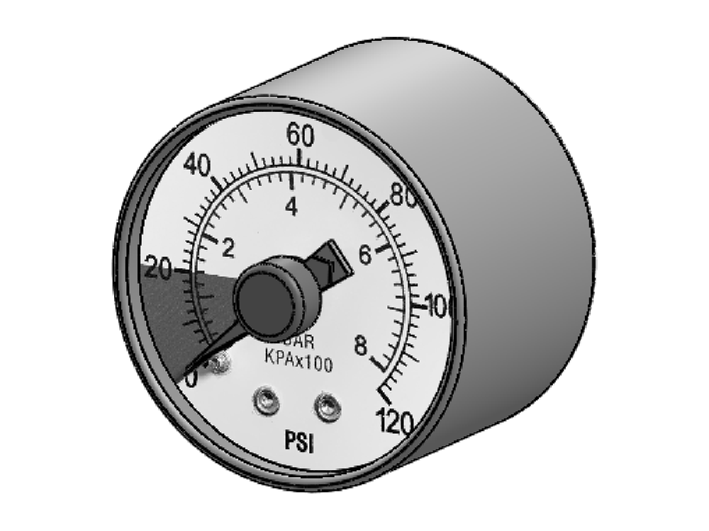 Line drawing of Aquamor gauge, filter head, pressure, 1.5 in center back mount, 1/4 in mnpt, 0-120 psi, part number 105481