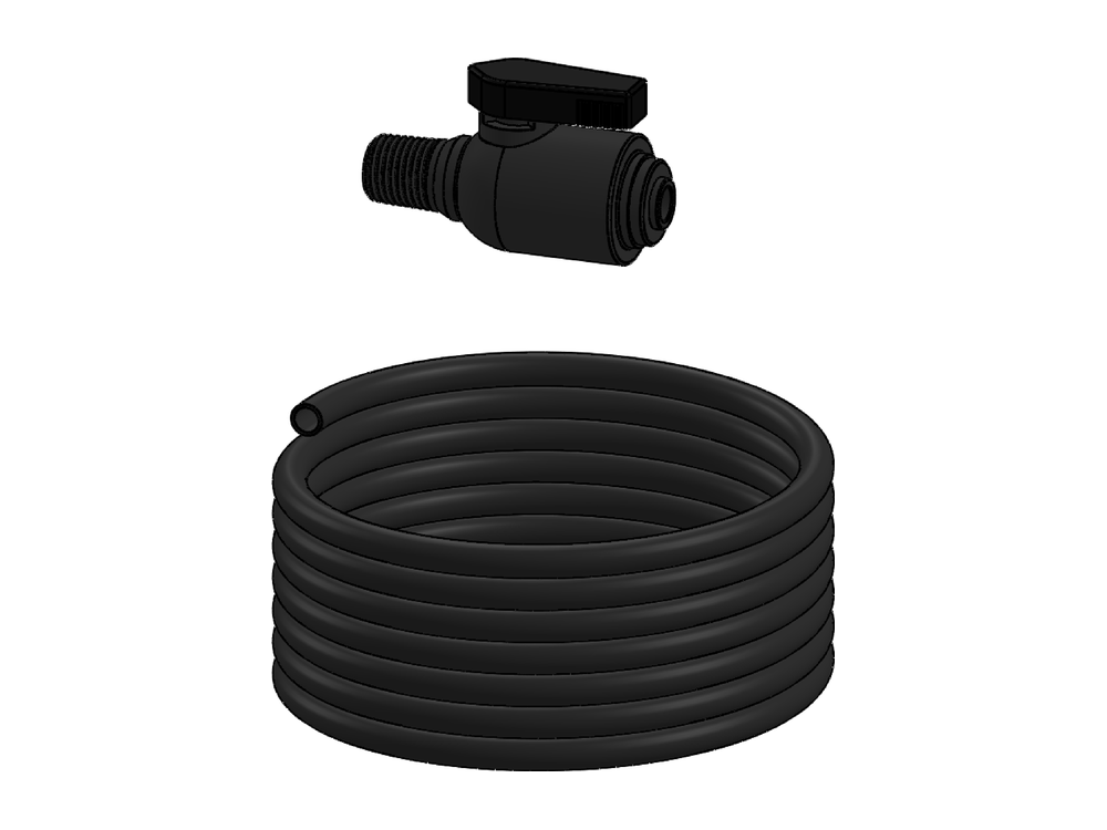Line drawing of Aquamor valve, filter head, rinse, 1/4 in mnpt x 1/4 in quick-connect, with tubing, part number 112232