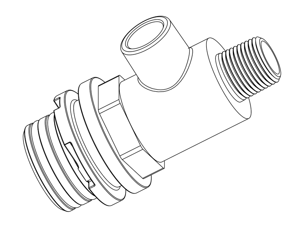 Line drawing of Aquamor fitting, system, 3/8 in MNPT, with pressure relief, part number 306051
