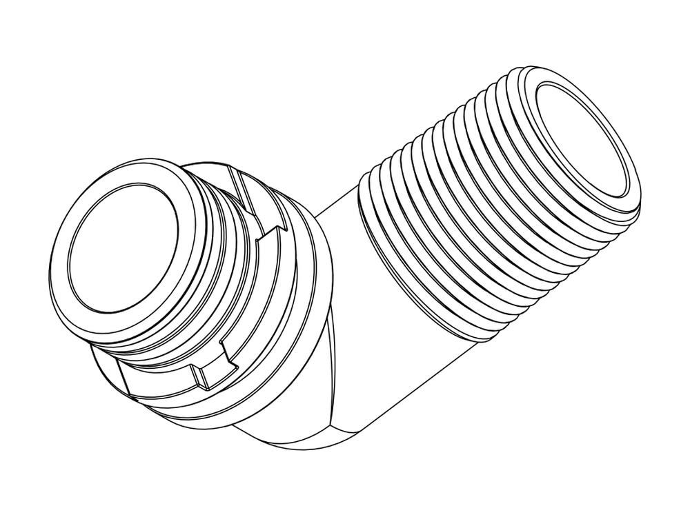 Line drawing of Aquamor fitting, system, 1 in MNPT elbow, part number 306056
