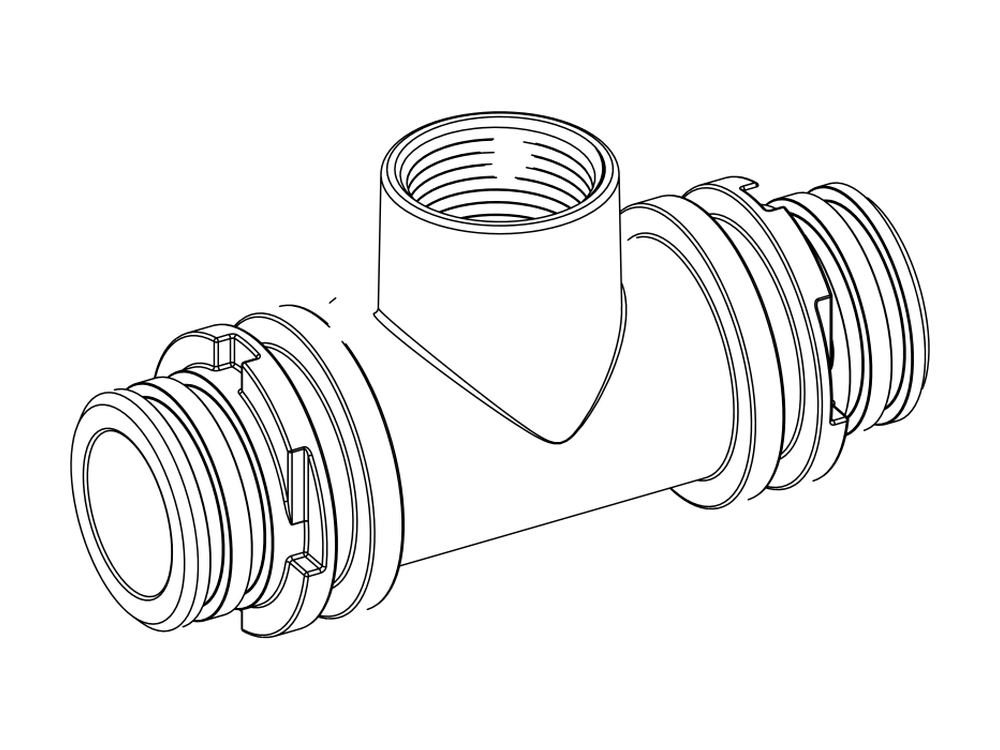 Line drawing of Aquamor fitting, system, union, 3/4 in FNPT port, part number 306130