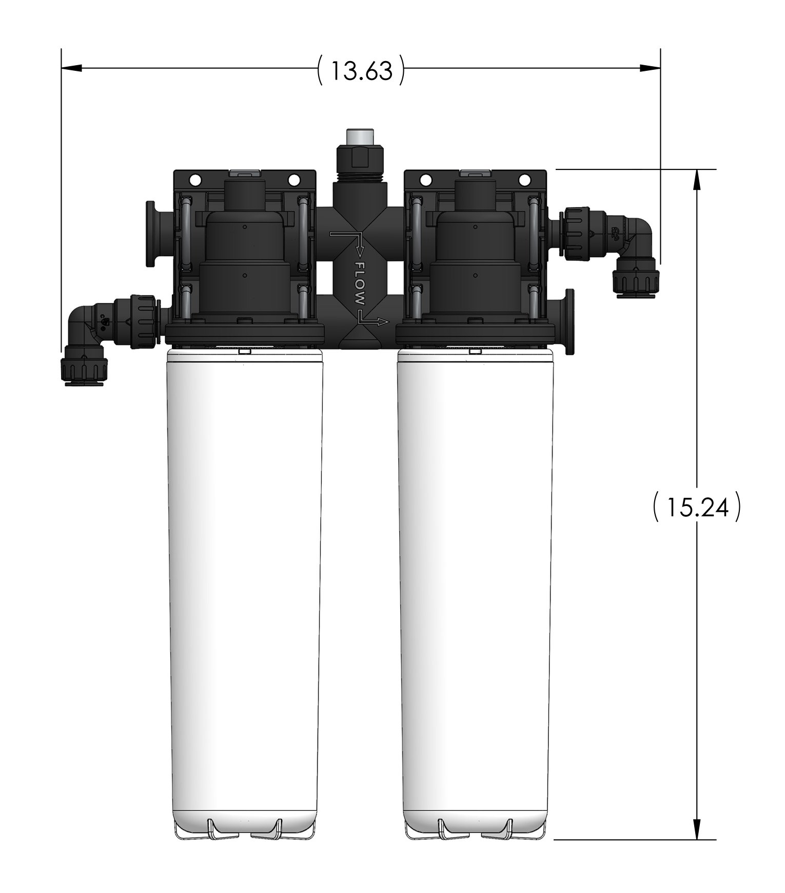 Aquamor DI21 dual-cartridge deionization system, dimensioned drawing