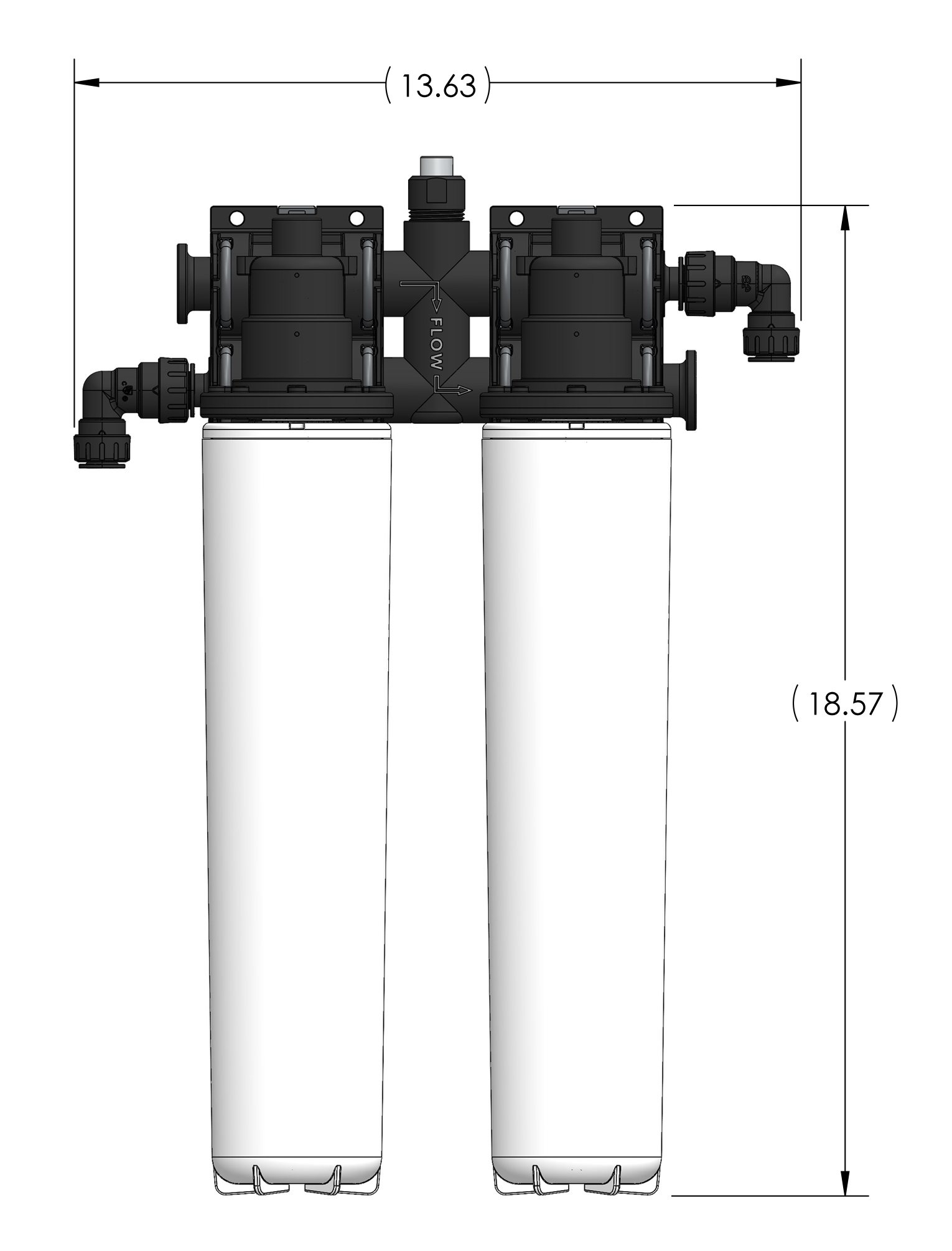 Aquamor DI24 dual-cartridge deionization system, dimensioned drawing