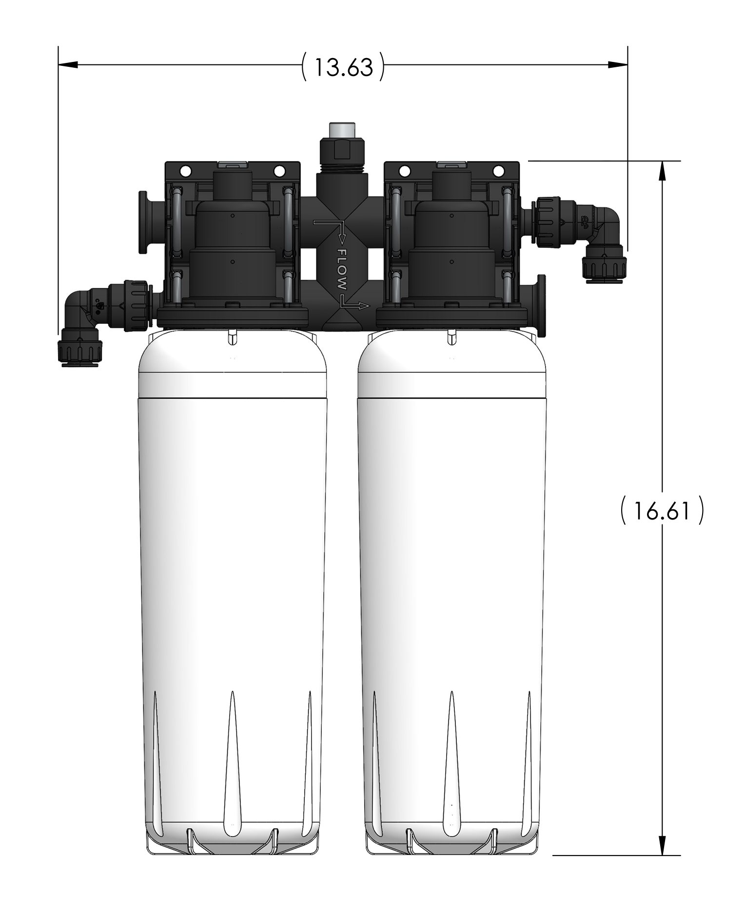 Aquamor DI43 dual-cartridge deionization system, dimensioned drawing