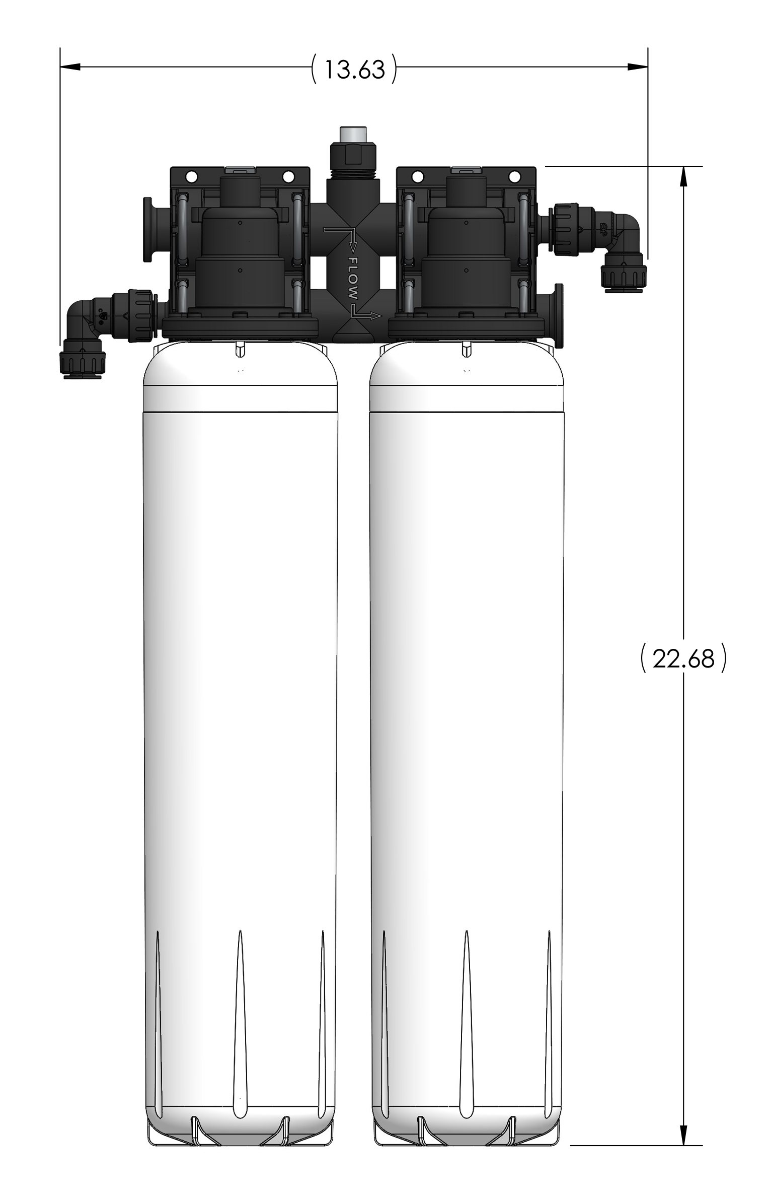 Aquamor DI49 dual-cartridge deionization system, dimensioned drawing