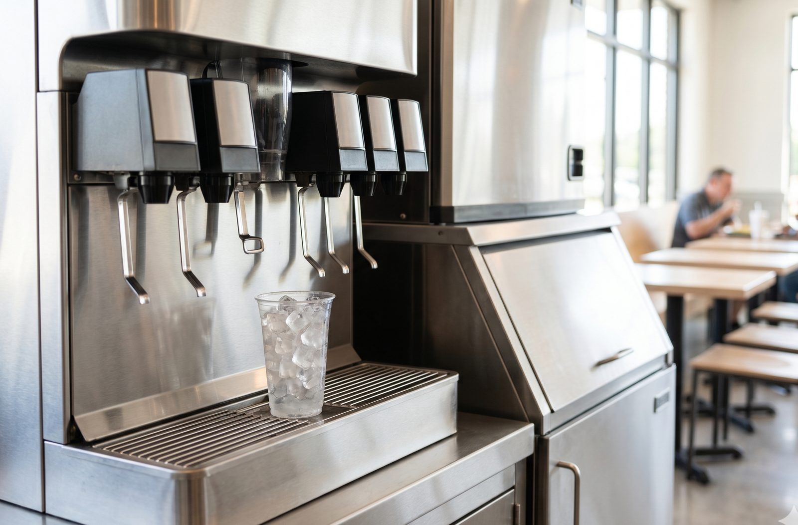 Commercial soda fountain dispenser beside an ice bin in a restaurant dining area
