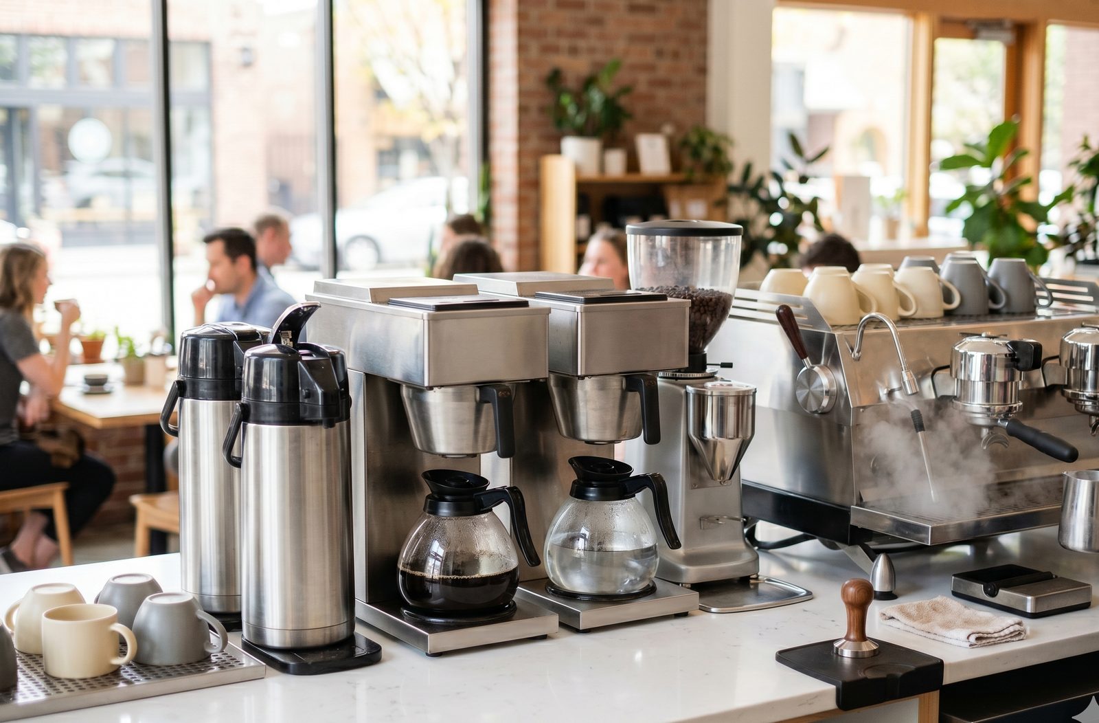 Commercial coffee brewers, airpots, and an espresso machine on a cafe counter
