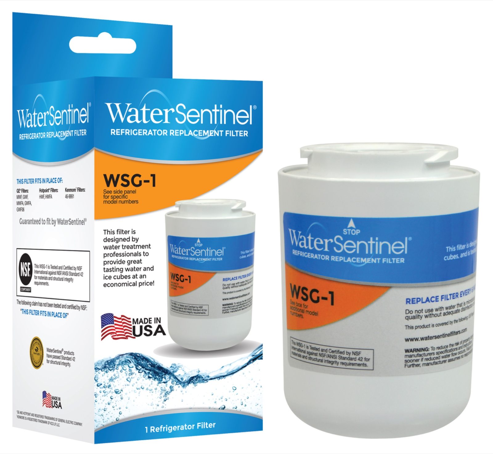 Shelf-ready retail-packaged refrigerator replacement filter with carton and cartridge on a white background