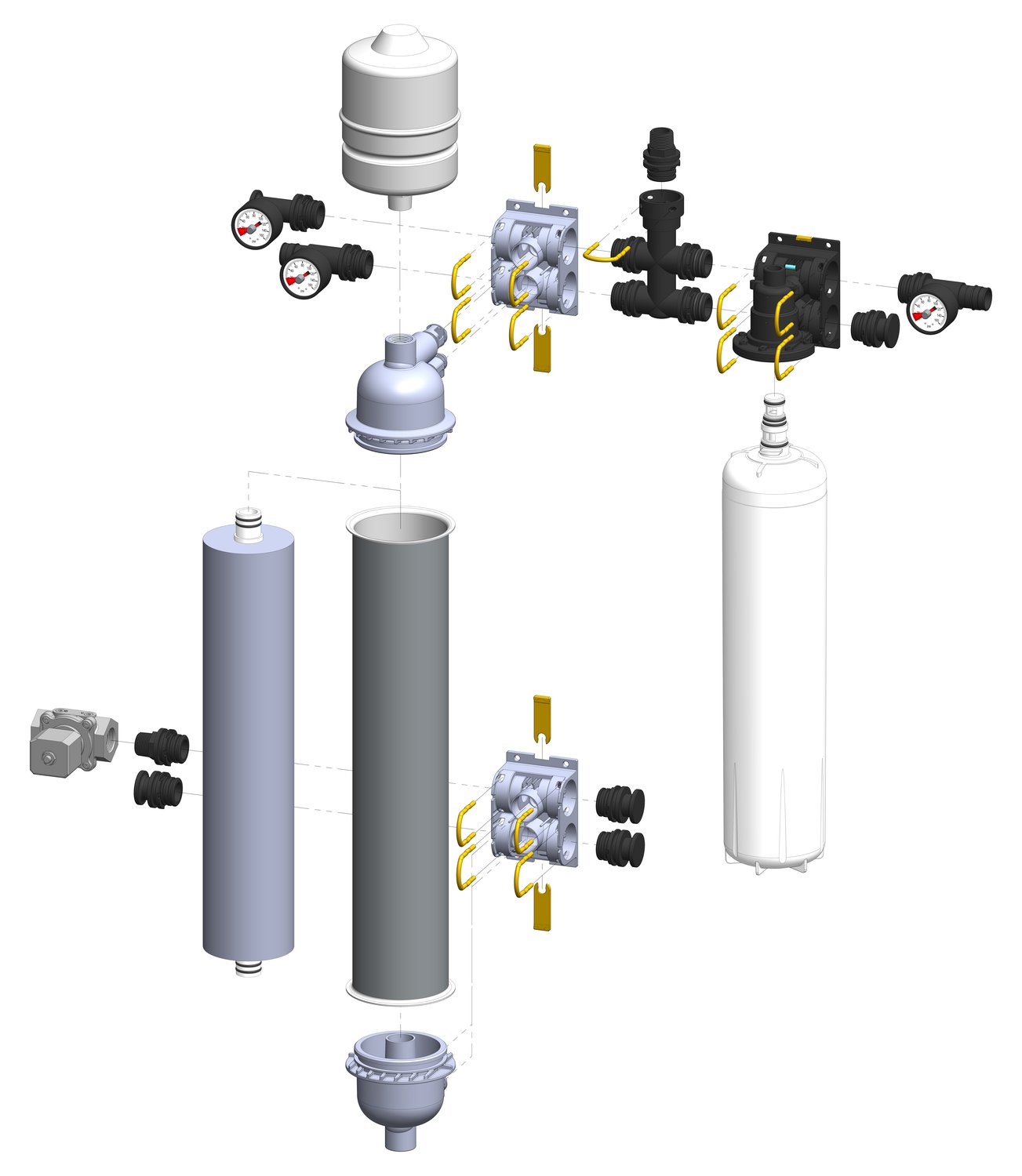 Exploded view of the Aquamor UF system assembly